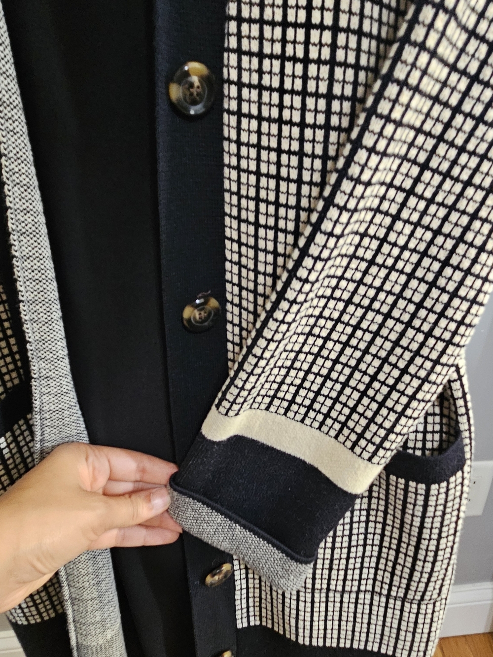 Ann Taylor Black and Cream Grid Knit Blazer Cardigan Coatigan